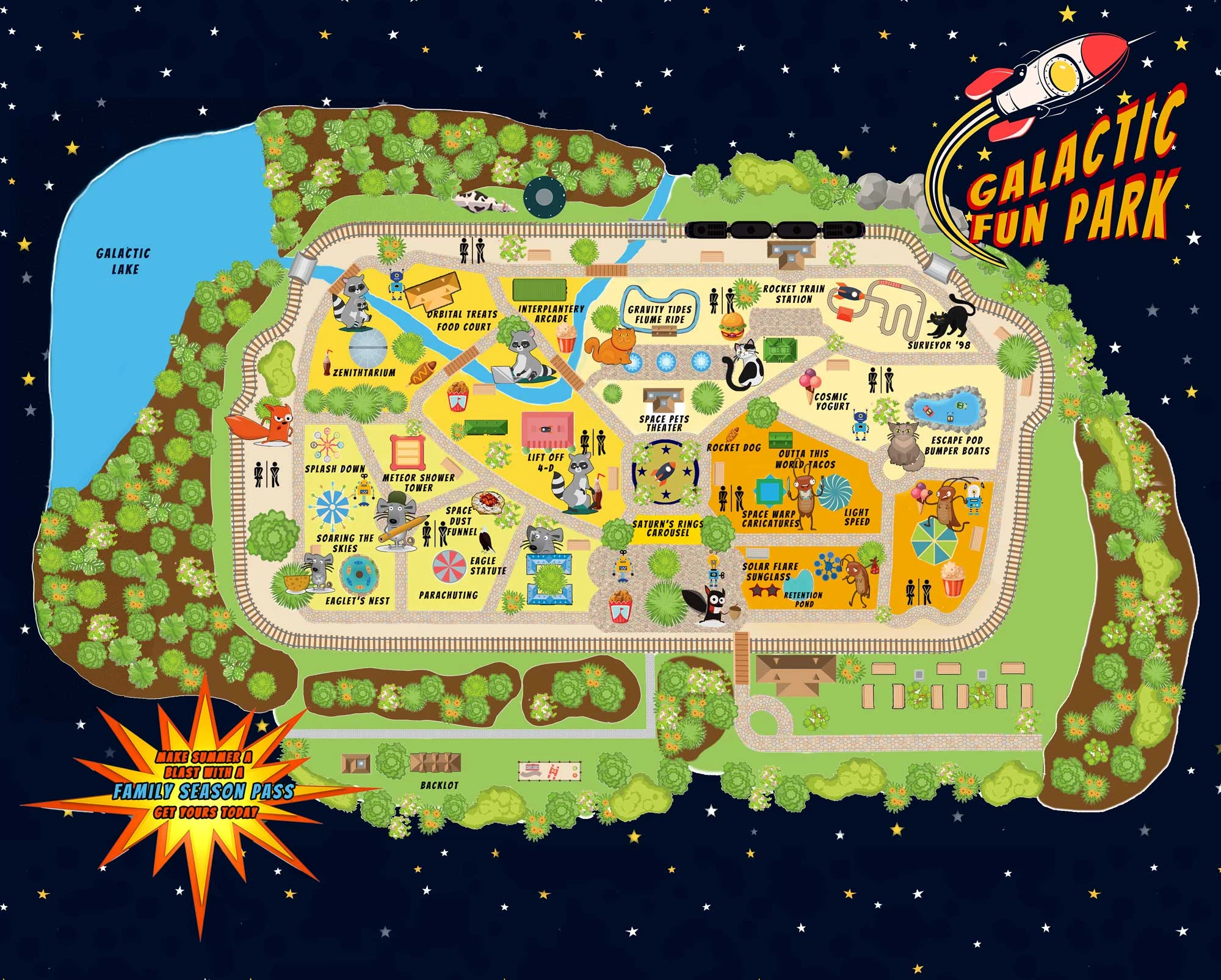 Illustrated map of Galactic Fun Park, full size